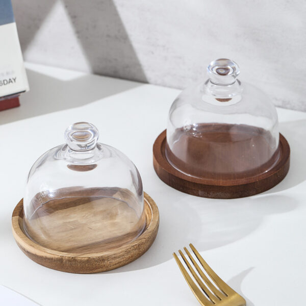 Wooden Cake stand with glass lid dessert plate