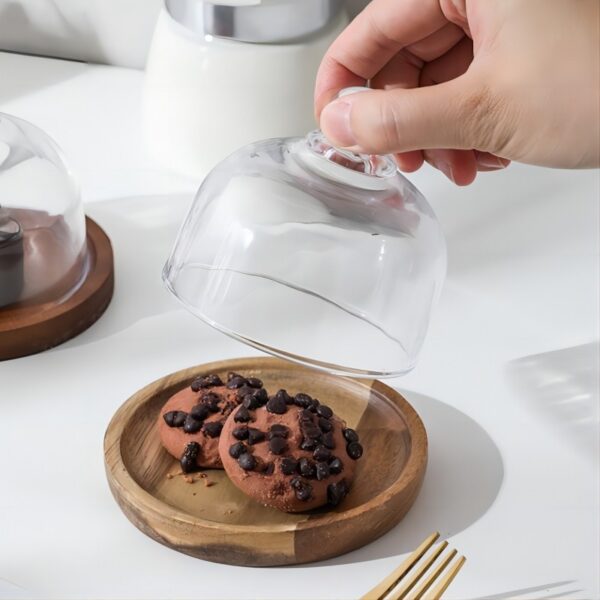 Wooden Cake stand with glass lid dessert plate - Image 2