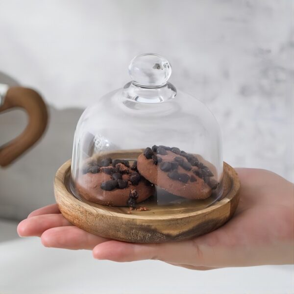 Wooden Cake stand with glass lid dessert plate - Image 3