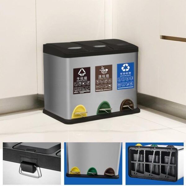 Stainless steel pedal 3-classification trash can - Image 3