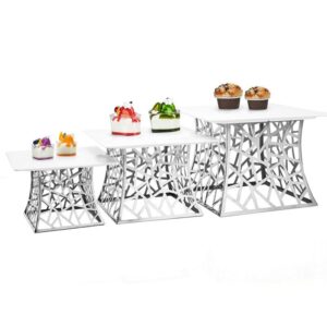 silver-buffet-dessert-display-stand Silver stainless steel dessert display stand with geometric hollow base for cakes pastries and hotel buffet presentation