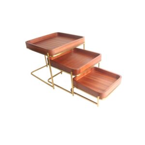Three tier wood and metal dessert display stand with square trays for cakes macarons pastries and fruits