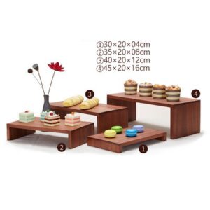 bakery-cake-pastry-display-stand Wood dessert display stand set with 4 long rectangular risers for buffet pastry and macaron display