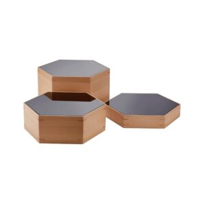 Minimalist hexagonal beech wood mirror top buffet display risers for restaurant and catering food presentation