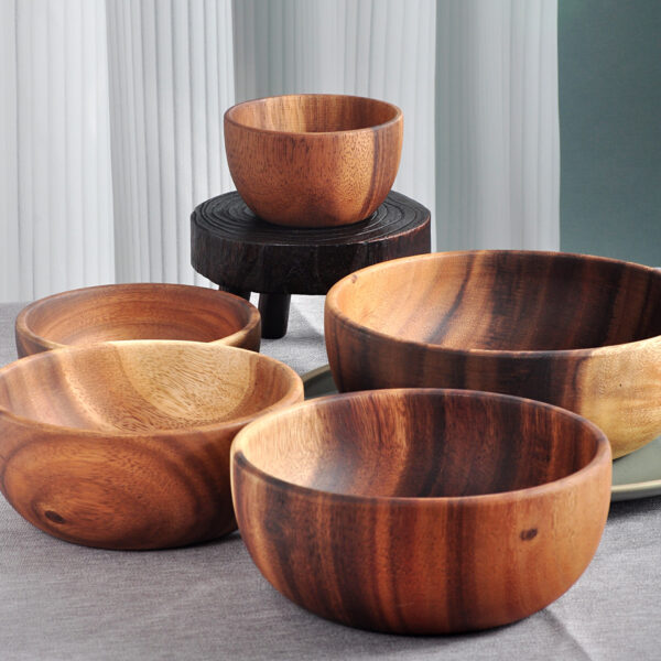 Natural solid acacia wood round serving salad bowl, hotel restaurant wooden bowl