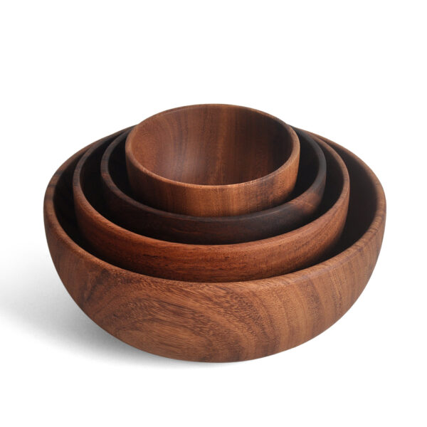 Natural solid acacia wood round serving salad bowl, hotel restaurant wooden bowl