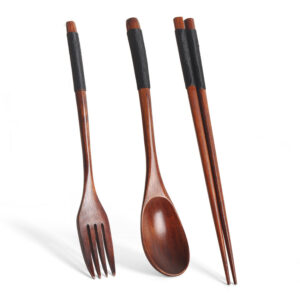 Japanese style wooden spoon fork and chopsticks set made of solid Nanmu wood with wrapped handles
