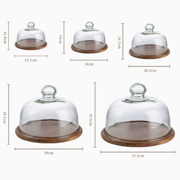 Multi size wood glass cloche cake stand dimensions specifications