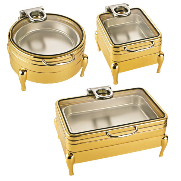 Luxury gold stainless steel buffet chafing dish with transparent visible glass lid