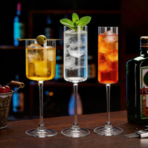 Minimalist straight stemmed champagne flute glass, clear lead free bar cocktail prosecco wine goblet