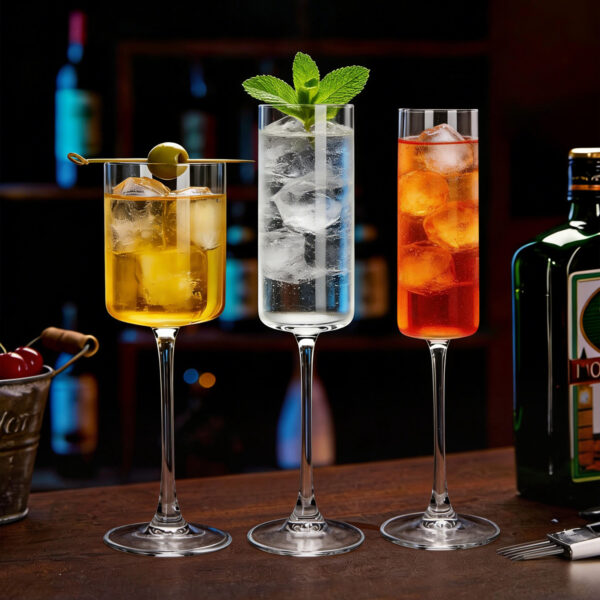 Minimalist straight stemmed champagne flute glass, clear lead free bar cocktail prosecco wine goblet