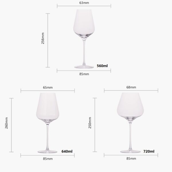 3 capacities crystal red wine glass dimensions specifications 560ML 640ML 720ML