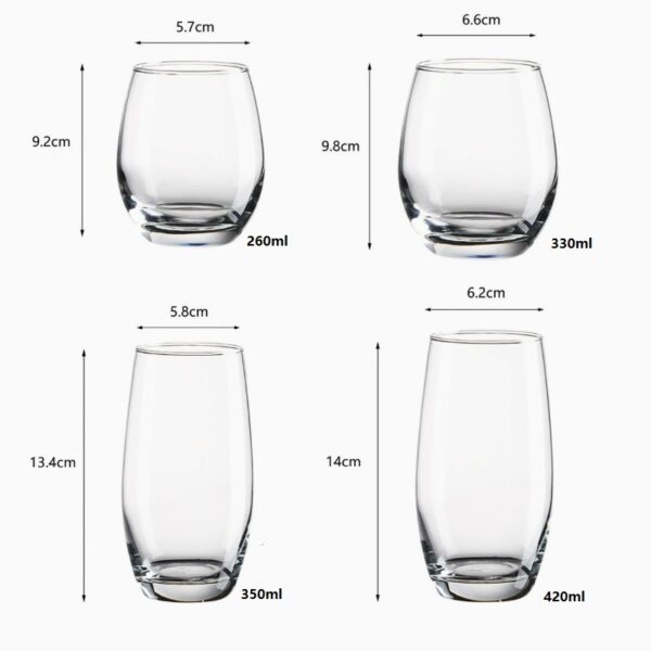 4 capacities egg-shaped glass tumbler dimensions specifications 260ml 330ml 350ml 420ml