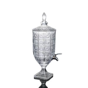 Luxury lead-free crystal glass juice dispenser with stainless steel tap lid and pedestal base for beverage service