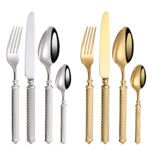 Hemp rope stainless steel cutlery set with dinner knife fork spoon and teaspoon in gold and silver finishes