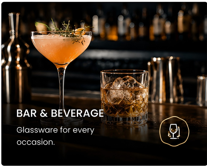 Premium bar scene with cocktails and glassware displayed in a sophisticated setting for beverage and hospitality service.