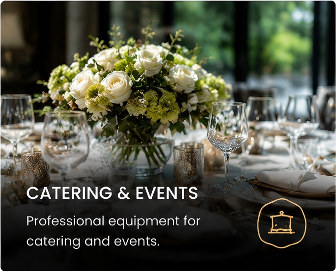 Elegant event dining setup featuring floral centerpieces, tableware, and catering arrangements designed for professional events and banquets.