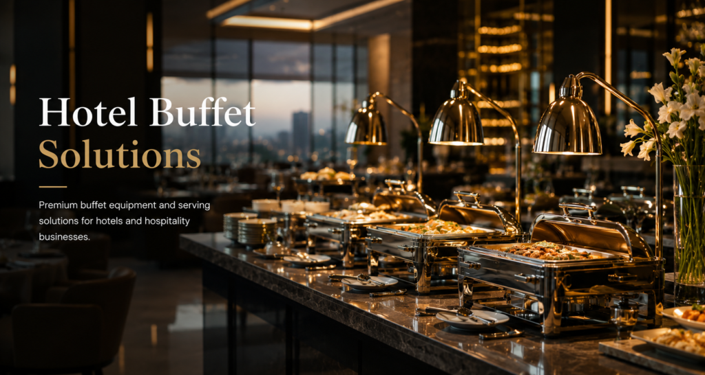 Luxury hotel buffet setup with stainless steel chafing dishes and heat lamps for hospitality serving solutions