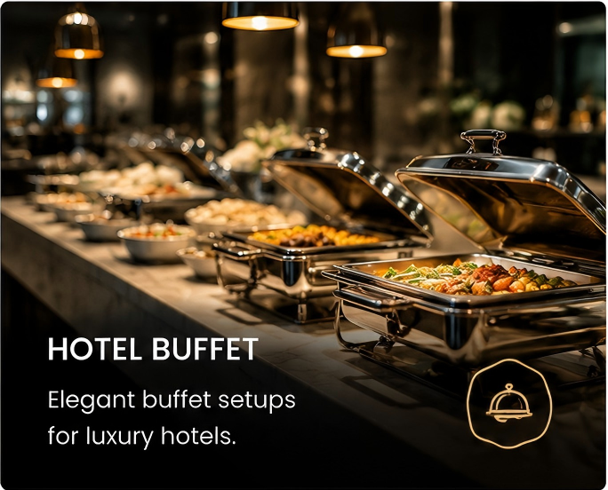 Luxury hotel buffet setup with stainless steel chafing dishes, warm ambient lighting, and an elegant food display arranged for premium hospitality service.