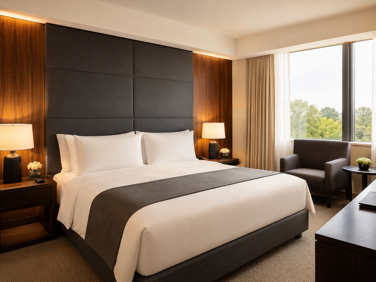 Modern hotel room interior with a neatly made bed, bedside lamps, wooden wall panels, and large window, suitable for hotel room and hospitality service applications..