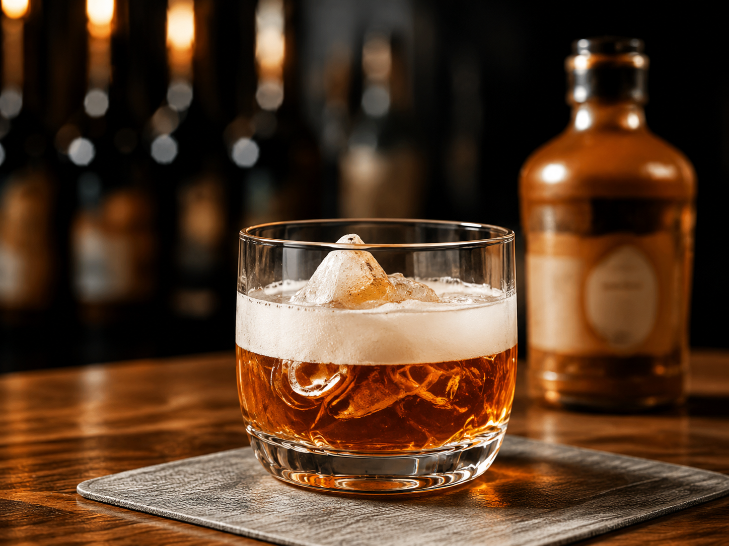 Premium whiskey glass on a bar counter, styled for hospitality drinkware, bar service, and restaurant beverage presentation.