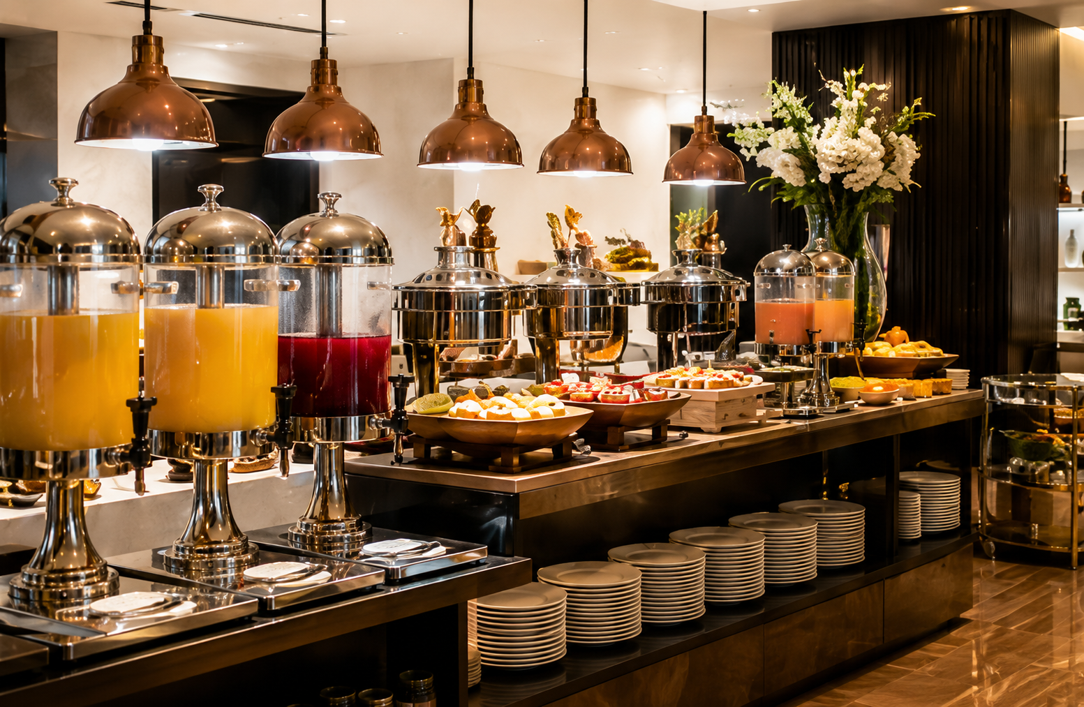 Commercial buffetware supply section featuring hotel buffet equipment, juice dispensers, chafing dishes, heat lamps, dessert displays, and food presentation solutions for hospitality businesses.
