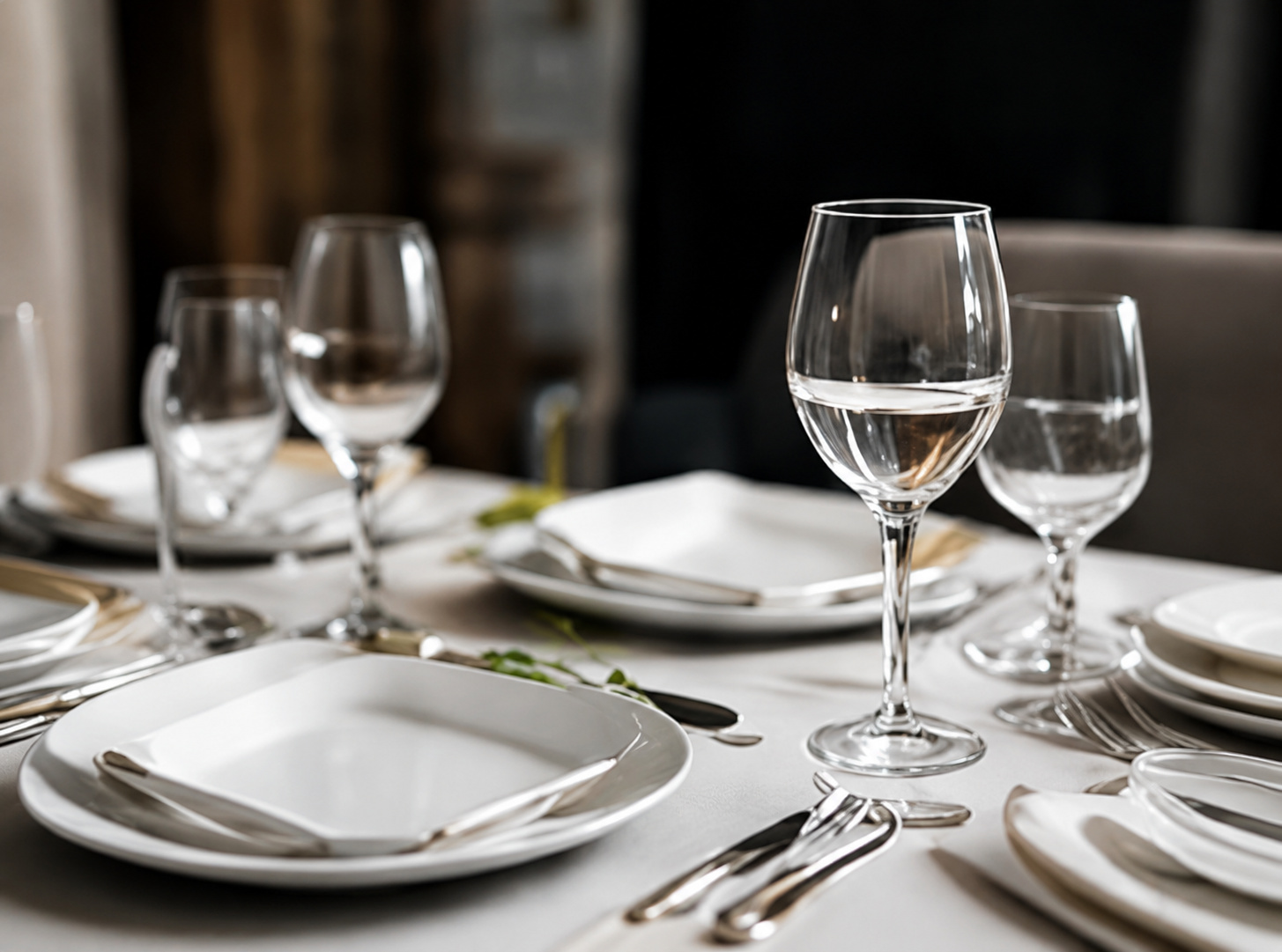 Elegant restaurant table setting with clear wine glasses, white dinnerware, cutlery, and soft ambient lighting for hotel and restaurant dining service.