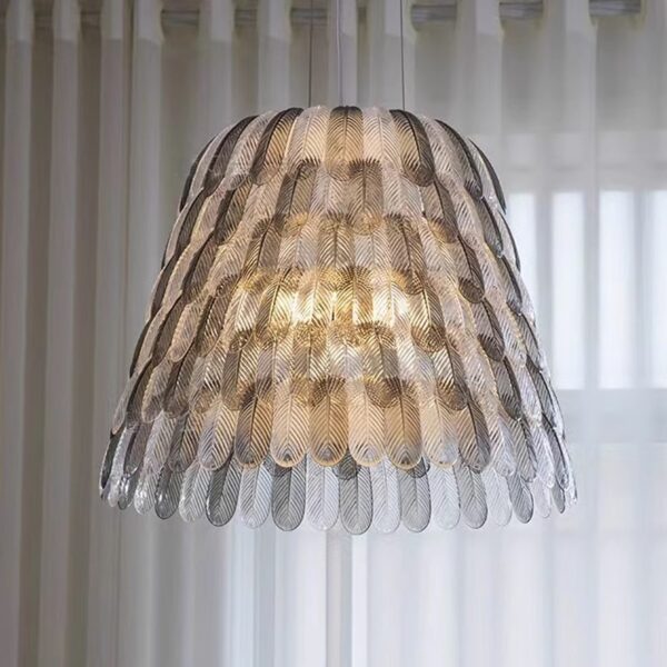 KJ056-1creative-dining-room-hanging-lamp Close-up of gray feather pendant light for dining room and restaurant interior decoration