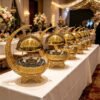 KJ058 gold-crescent-chafing-dish Gold crescent chafing dish with 8L capacity and hanging dome cover for hotel buffet wedding banquet and catering service