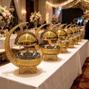 Gold crescent chafing dish with 8L capacity and hanging dome cover for hotel buffet wedding banquet and catering service