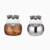 Juice dispenser bowl set with acacia wood base and clear glass carafes for hotel breakfast buffet drinks