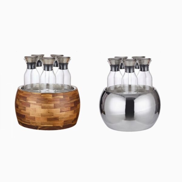Juice dispenser bowl set with acacia wood base and clear glass carafes for hotel breakfast buffet drinks