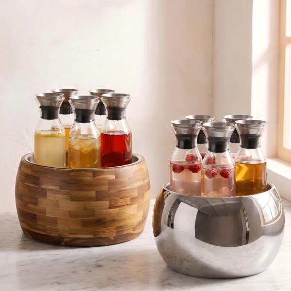 Juice dispenser bowl set with glass carafes acacia wood and stainless steel base for hotel buffet beverage service