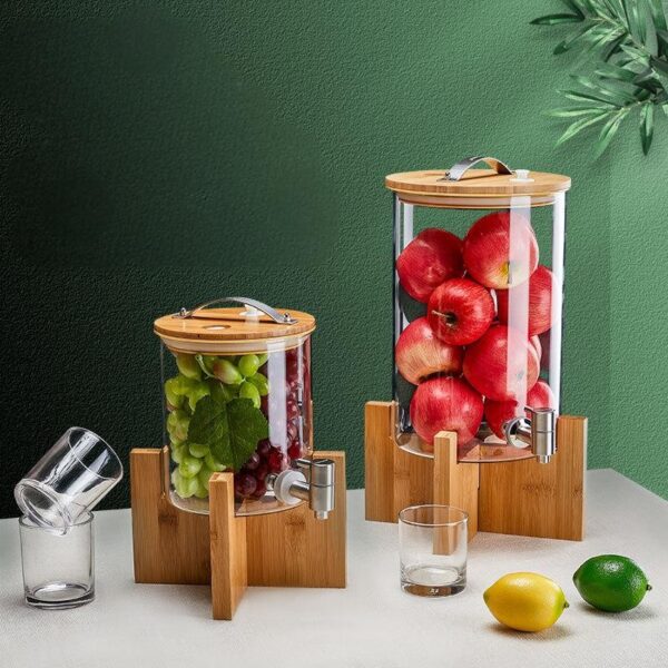 Bamboo base glass juice dispenser with bamboo lid and 304 stainless steel faucet for hotel buffet beverage service