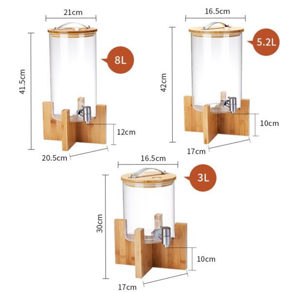 Bamboo base glass juice dispenser available in 3L 5.2L and 8L capacities for buffet drink stations