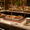 KJ065-double-head-rose-gold-marble-buffet-heat-lamp Double head rose gold marble buffet heat lamp with stainless steel lampshades for hotel restaurant catering food warming