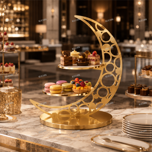 KJ066-moon-dessert-display-stand-gold Gold stainless steel moon dessert display stand for hotel buffet