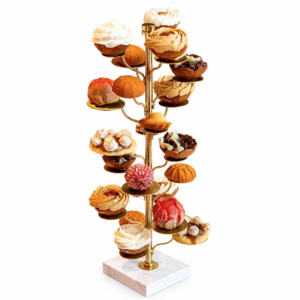 KJ067-gold-tree-dessert-stand-marble-base-stainless-steel. Gold tree dessert stand with marble base and stainless steel structure for hotel buffet pastry display