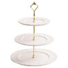 KJ070-ceramic-afternoon-tea-dessert-stand 3-tier ceramic dessert plate stand with embossed lace-edge plates and gold metal handle for afternoon tea and hotel buffet display