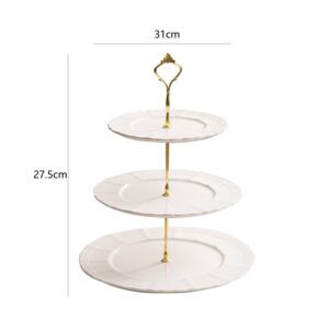 3-tier ceramic dessert plate stand 31cm diameter and 27.5cm height with white plates and gold handle