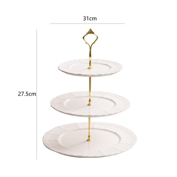 KJ070-white-lace-edge-ceramic-cake-stand 3-tier ceramic dessert plate stand 31cm diameter and 27.5cm height with white plates and gold handle