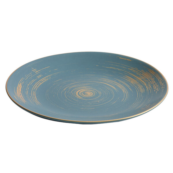 KJ071-blue-matte-glaze-ceramic-dinner-plate Gold-decorated blue matte glaze ceramic plate with hand-painted swirl pattern for hotel restaurant fine dining