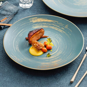 Gold-decorated blue matte glaze ceramic plate for steak seafood dessert and premium restaurant plating