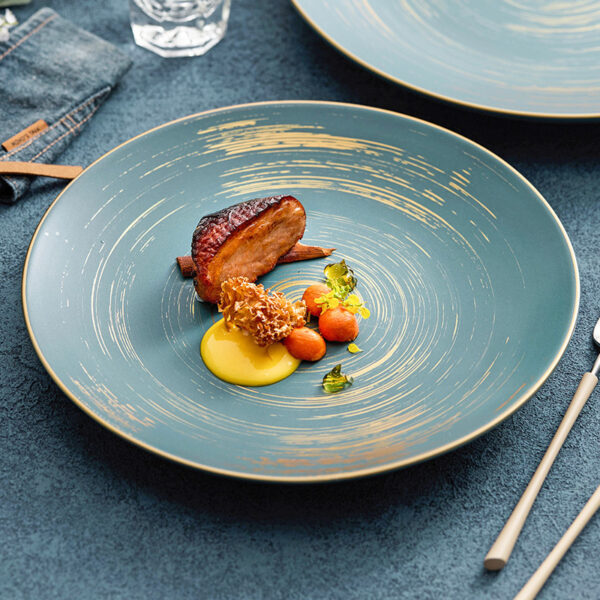 KJ071-gold-decorated-blue-matte-glaze-ceramic-plate Gold-decorated blue matte glaze ceramic plate for steak seafood dessert and premium restaurant plating