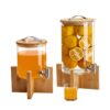Bamboo base glass juice dispenser for juice milk iced tea fruit drinks and hotel breakfast buffet display