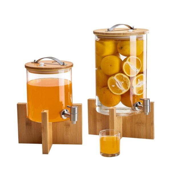 Bamboo base glass juice dispenser for juice milk iced tea fruit drinks and hotel breakfast buffet display