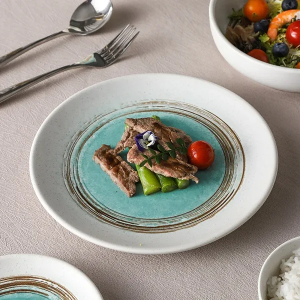 KJ081-dinner plate-bowl Hand painted turquoise glaze detail on ceramic plate