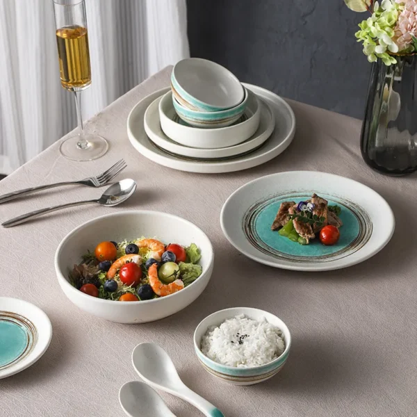 KJ081-dinnerset Restaurant table setting with turquoise glazed ceramic dinnerware