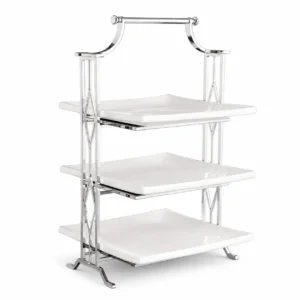 KJ082-3-tier stainless steel dessert display stand 3-tier stainless steel dessert display stand with ceramic plates for hotel buffet