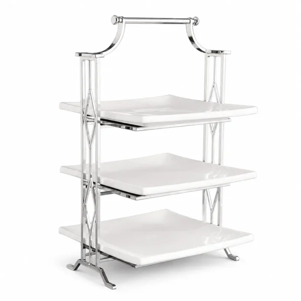 KJ082-3-tier stainless steel dessert display stand 3-tier stainless steel dessert display stand with ceramic plates for hotel buffet